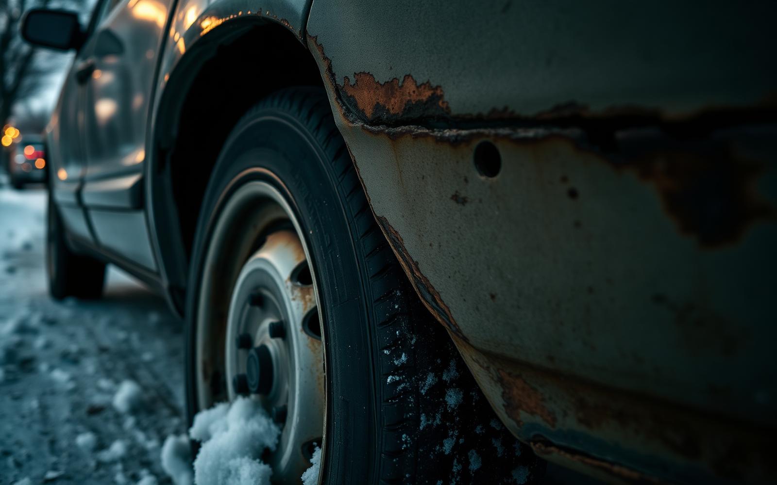 Severe rust damage on a car's rear wheel well and rocker panel after a Markham winter